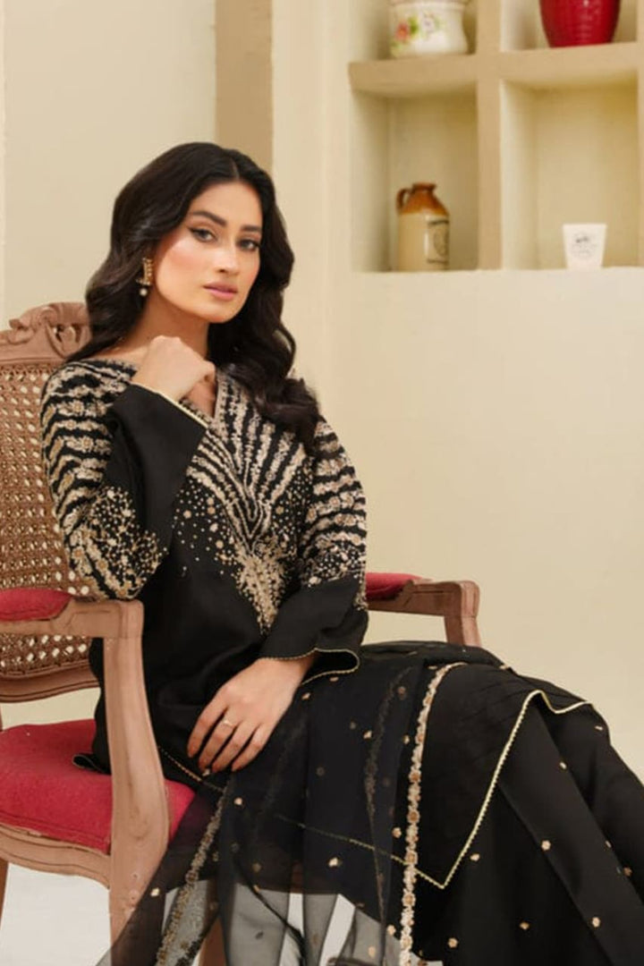 Black Peacock Embroidered Stone Linen 3Pc Suit
