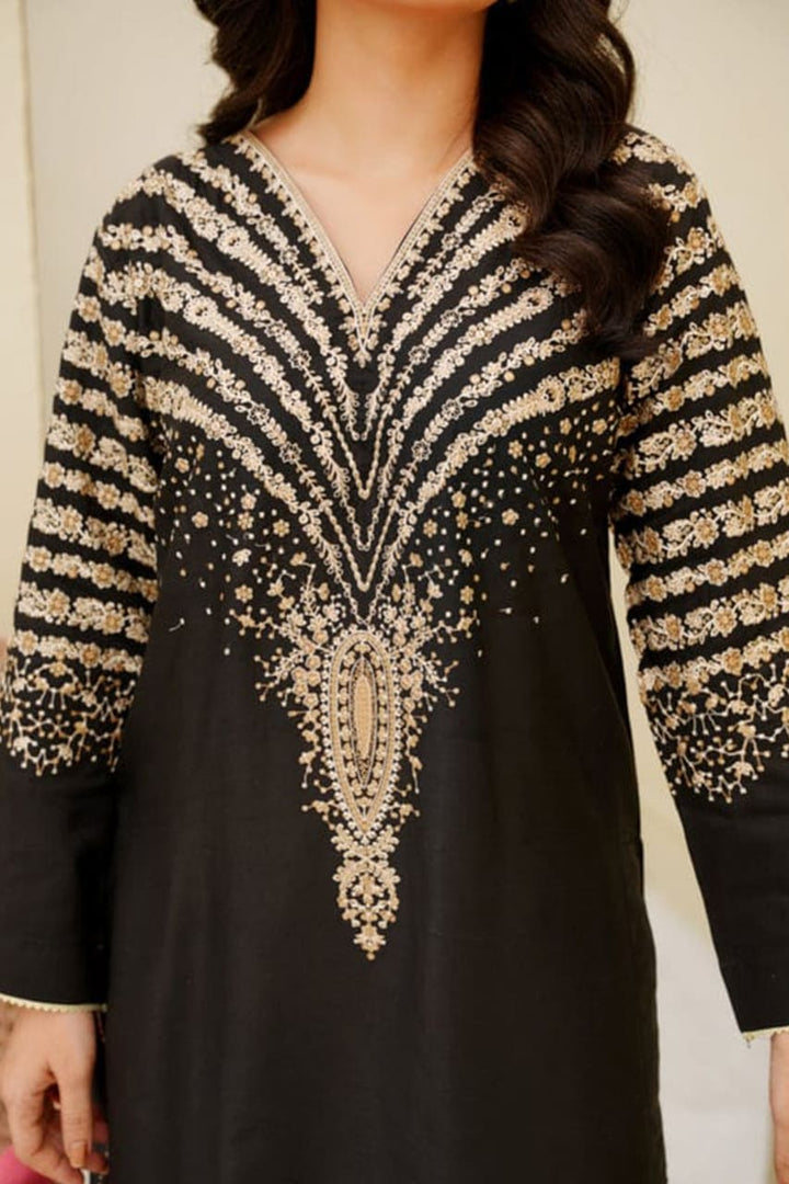 Black Peacock Embroidered Stone Linen 3Pc Suit