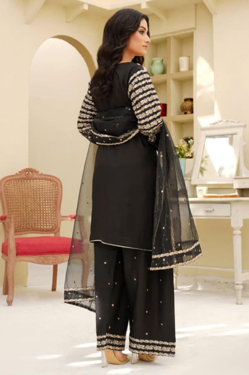 Black Peacock Embroidered Stone Linen 3Pc Suit
