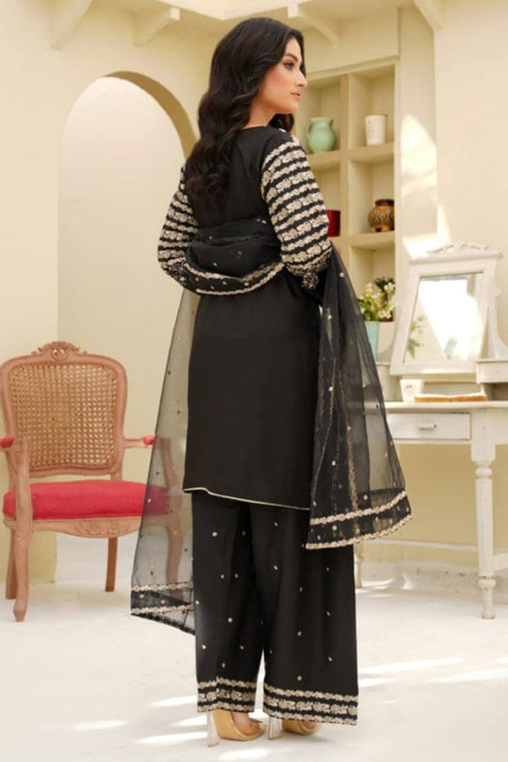 Black Peacock Embroidered Stone Linen 3Pc Suit