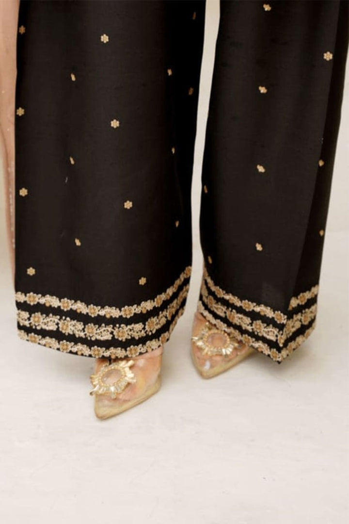 Black Peacock Embroidered Stone Linen 3Pc Suit