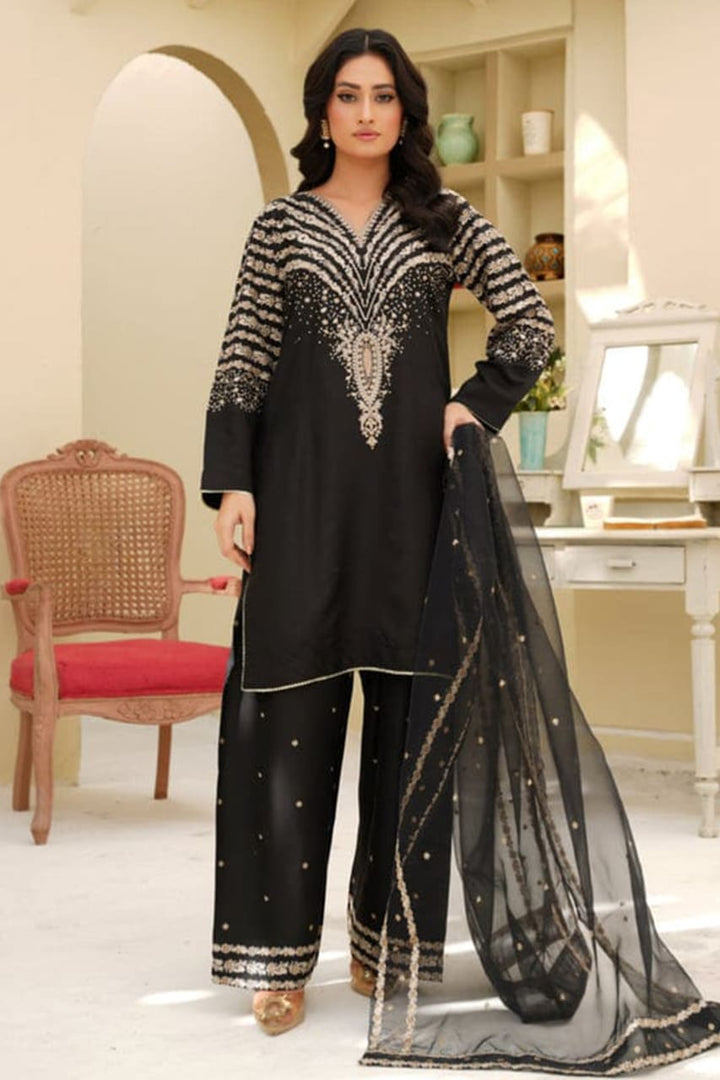 Black Peacock Embroidered Stone Linen 3Pc Suit