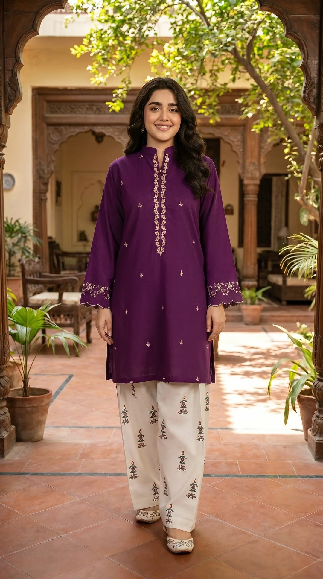 Peezwan Premium Luxury Lawn Unstitched 2-Piece Heavy Embroidered Suit purple