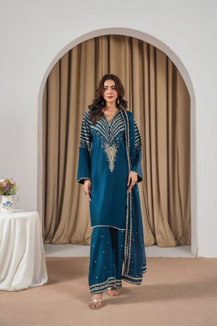 Black Peacock Embroidered Stone Linen 3Pc Suit