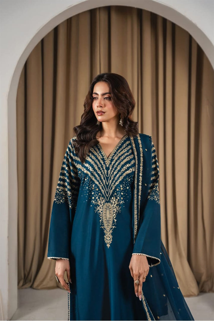 Black Peacock Embroidered Stone Linen 3Pc Suit