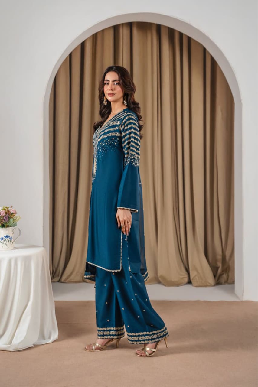 Black Peacock Embroidered Stone Linen 3Pc Suit