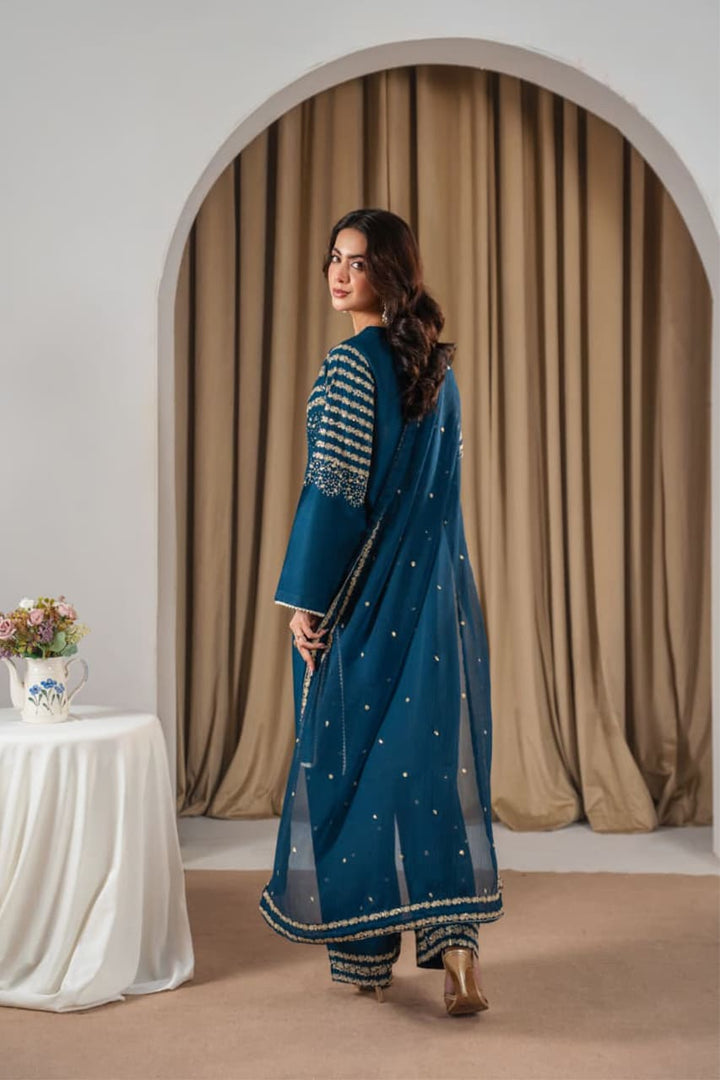 Black Peacock Embroidered Stone Linen 3Pc Suit