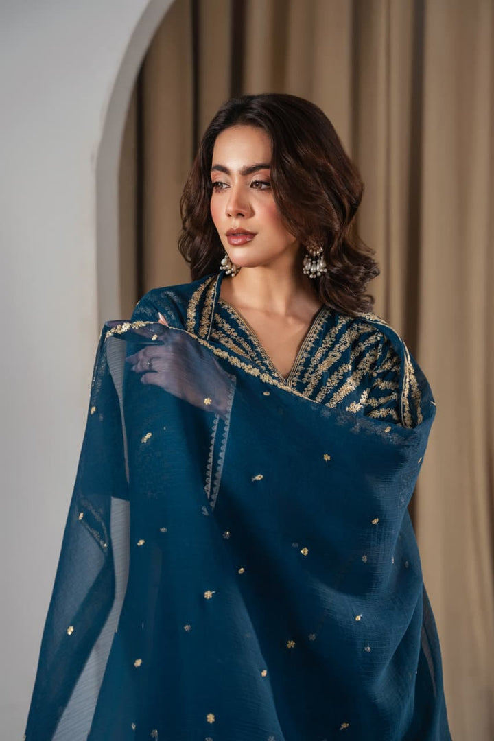 Black Peacock Embroidered Stone Linen 3Pc Suit