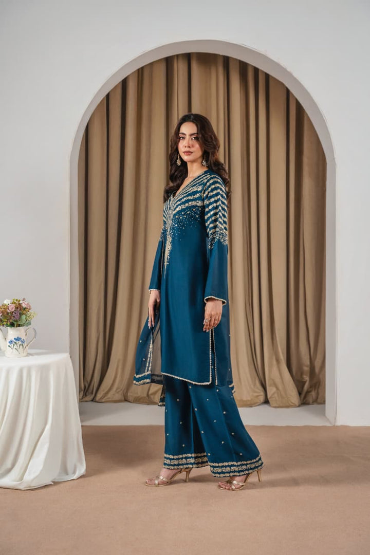 Black Peacock Embroidered Stone Linen 3Pc Suit