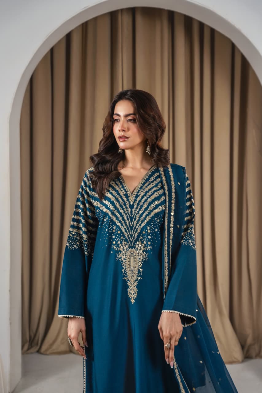 Black Peacock Embroidered Stone Linen 3Pc Suit
