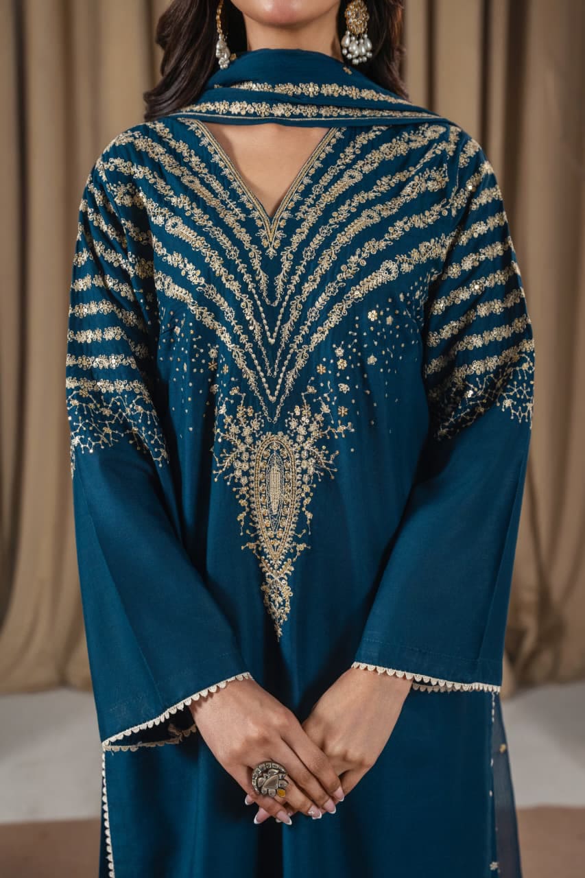 Black Peacock Embroidered Stone Linen 3Pc Suit