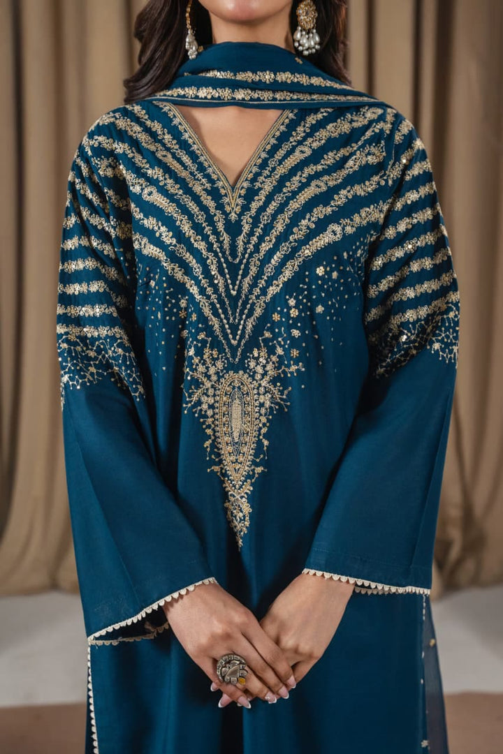 Black Peacock Embroidered Stone Linen 3Pc Suit